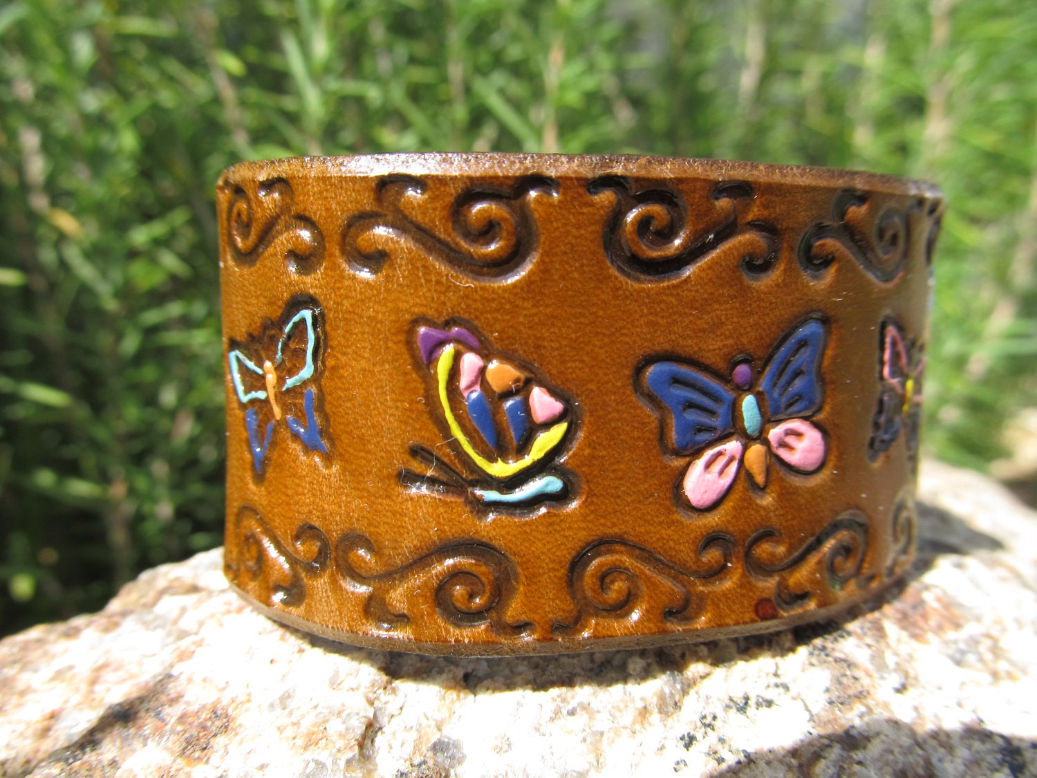 Hand Painted Tooled Leather Bracelet Cuff Butterflies