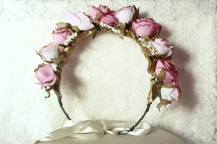 Festive Claire - Roses Flower Crown / Floral Wreath / Hairpiece - Wedding, Engagement, Nature Inspired, Fairy, Romantic, Pink, Vintage Style