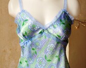 Romantic Floral CAMISOLE in 100% SILK SATIN, Trimmed with Lavender-Blue Lace, Lingerie as Outerwear