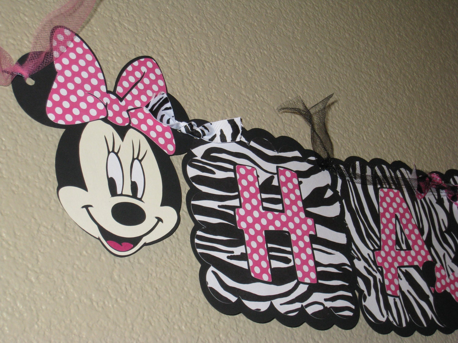 Minnie Mouse Birthday Banner in Zebra Hot Pink & White Polka Dot with Child's Age