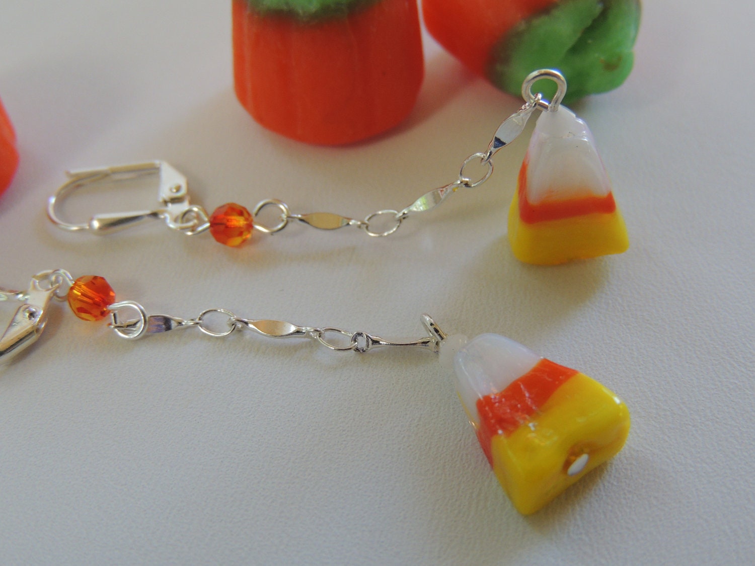 Lampwork Glass Candy Corn Halloween / Thanksgiving Dangle Earrings. A133