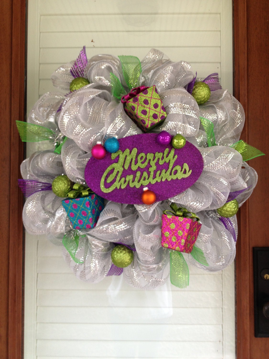 Merry Christmas - Silver with Glitter Presents - Bright Christmas Wreath