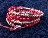 SALE--Multiple Wrap Brick Red Leather Bracelet-Gold Nuggets and Red Bamboo Coral