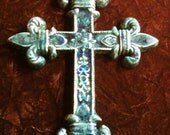 Fleur de Lis Cross handmade marbled blue decorative Pottery Wall Hanging