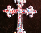 Fleur de Lis Cross handmade multi color decorative Pottery Wall Hanging