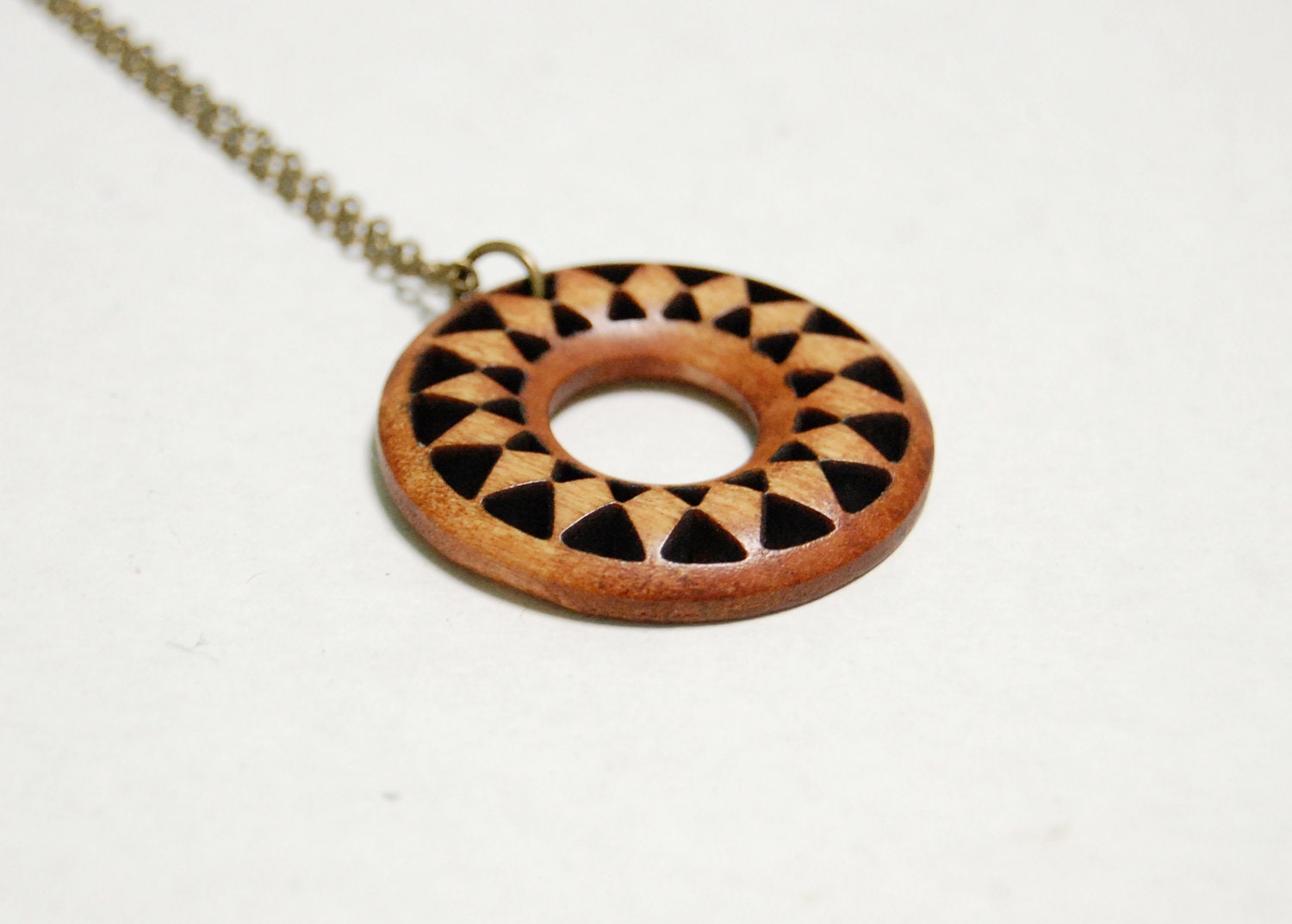indian circle - vintage long boho, tribal, bohemian, antique brass chain woodland wooden nature brown tree necklace. triangle