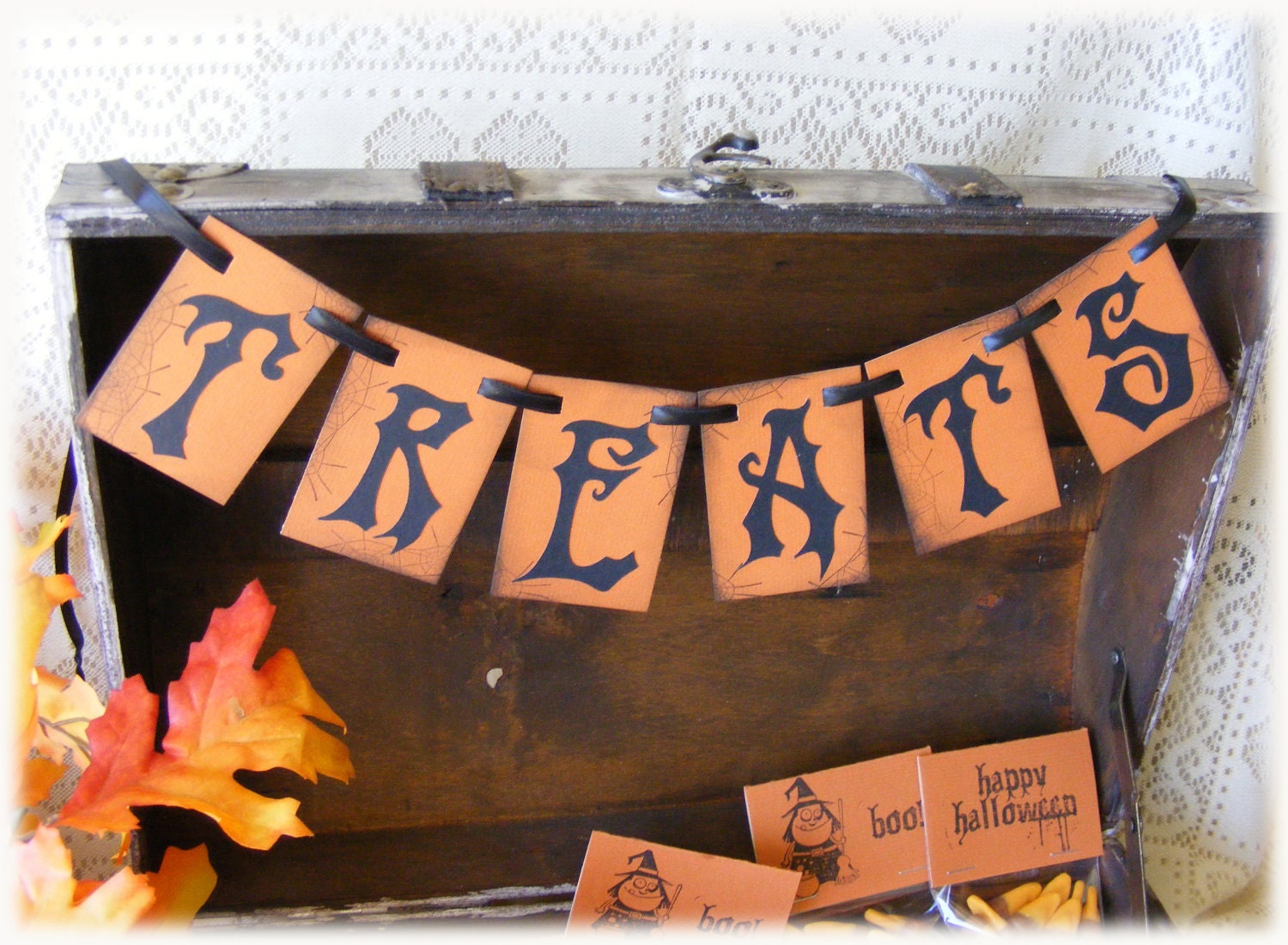 Spooky TREATS Halloween banner in rustic orange and black with spider webs - Ready to ship