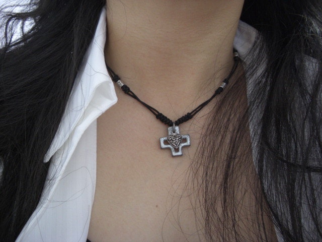 Cross Top with Hollow Interior, Heart Charm Braided Black Leather Necklace
