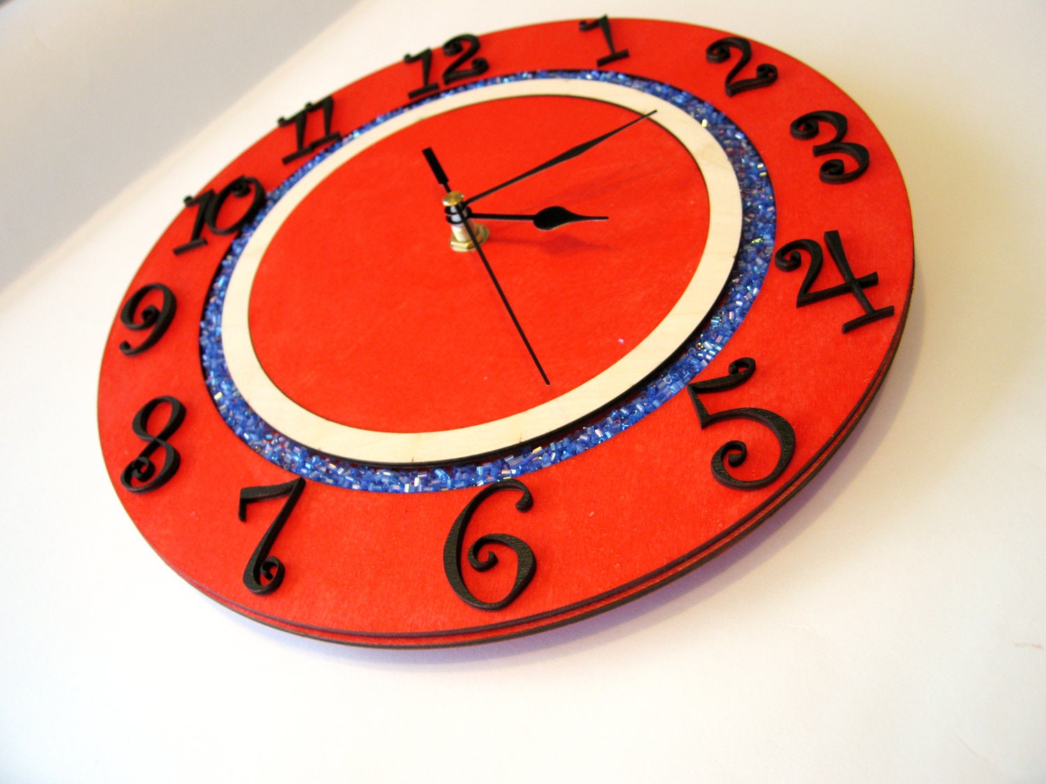 Modern clock Wall clock Kids room orange sky blue Round Large Home Office Kitchen Wall art Children room