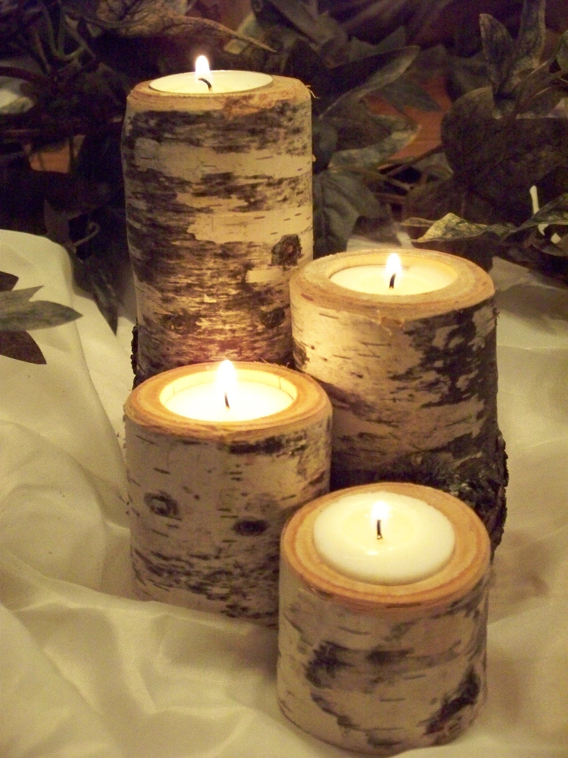 Rustic Candle Holder set of 4. Wedding Decor. Birch Tealight Candle Holder