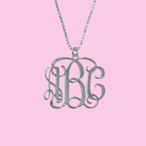 Monogram Necklace 1 1/4 Inch Personalized Initials Three Letters Monogrammed Sterling Silver 925 Customized Pendant Custom Made Name Message
