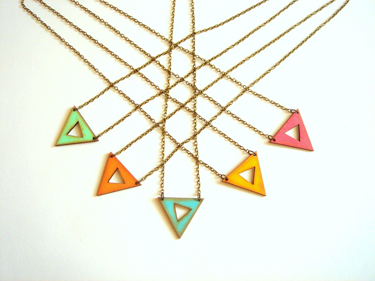 Geometric Neon Necklace, Wood Triangles Necklace,Hand Painted Wood  Necklace,Geometric Jewelry