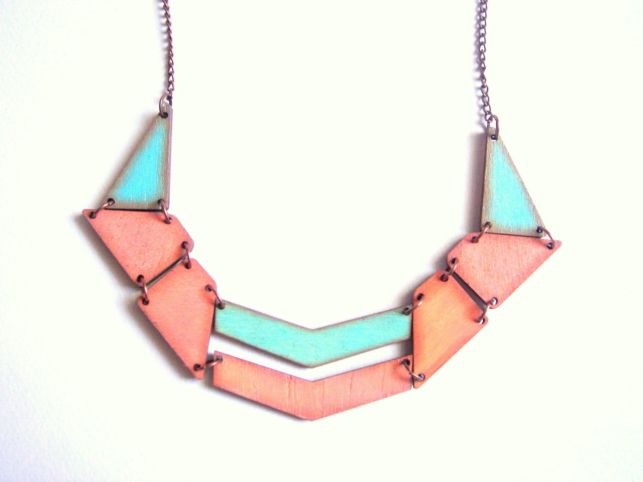 Pastel Geometric Necklace, Wood Triangles Bib,Wood Tribal Necklace,Geometric Jewelry