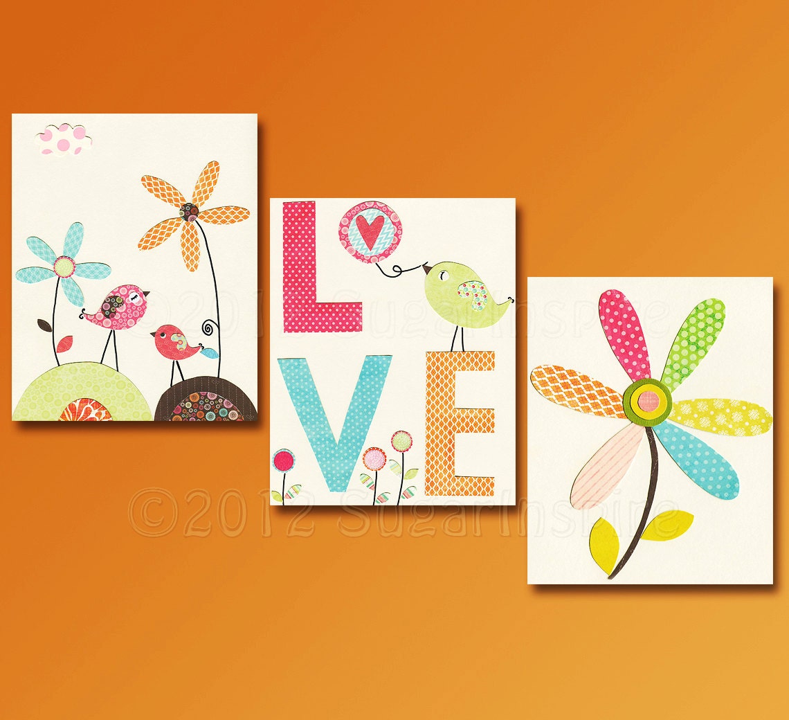 LOVE Nursery Art Print Set, 5x7, Baby girl room,Kids Room Decor, Baby/Children Wall Art - Colorful, Birds, Flowers,Orange, Aqua Blue,Pink