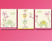 Pink and green, Nursery Art Print Set,8x10, Kids Room Decor, Baby/Children Wall Art - Elephant nursery, Owl, Flower - Yellow