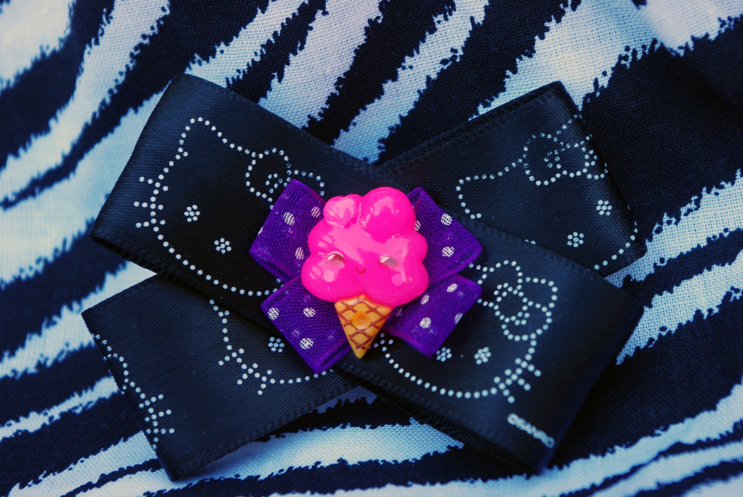 CUTE Kawaii Hello Kitty Sanrio Ribbon with Purple Polka Dot Accents and a Happy Ice Cream Cone Kawaii Center Hair Bow Barrette Kids/Lolita