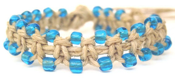 Bracelet - Adjustable Hemp Bracelet with Shiny Light Blue Beads - Hemp Jewelry - Macrame Jewelry - Handmade Bracelet