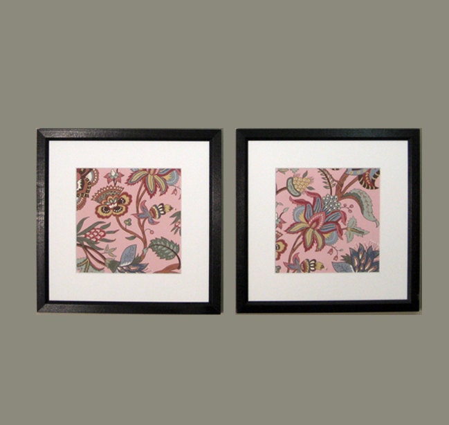 8 x 8 Art Print Set of 2,  Jacobean Textile Design, Rose Set 2, with 12 x 12 mats