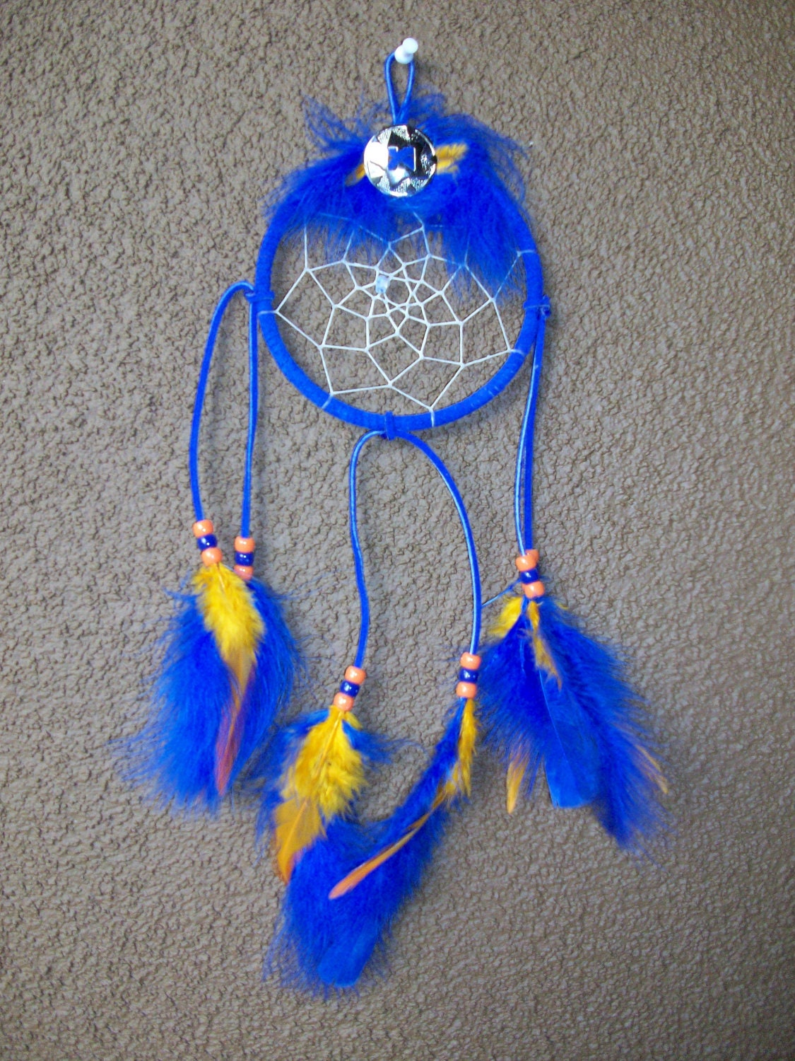 Beautiful Orange and Blue Sweet Dreams Suede Dream Catcher (5in ring 14in length)