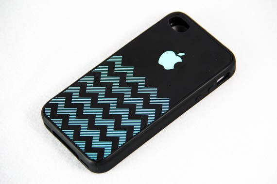 Teal Chevron with Apple Logo iPhone 4 iPhone 4S Case, Rubber Material Full Protection and Hard Plastic Case