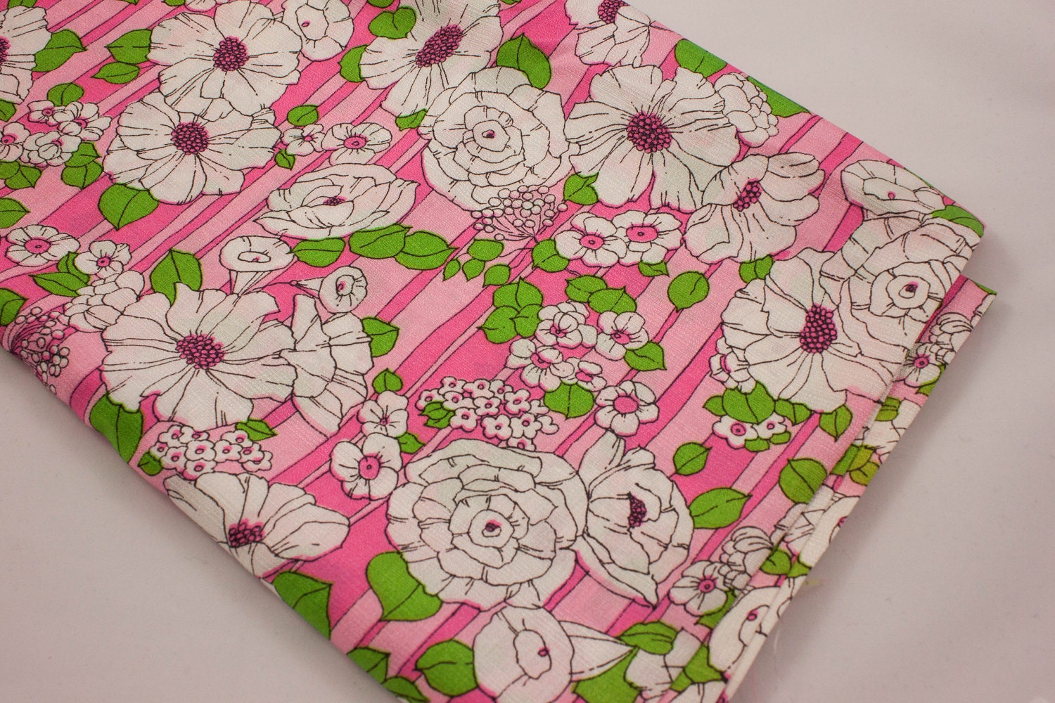 Vintage Fabric - 1970's Polyester Crepe Bright Pink with White Floral Print