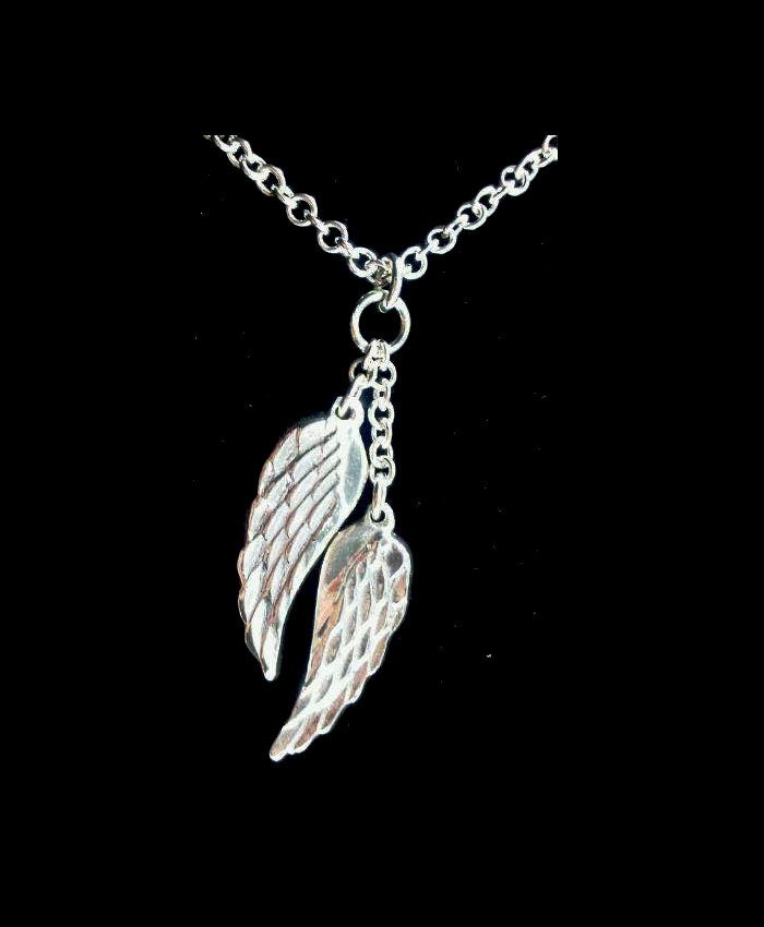 Sterling Silver Angel Wings Necklace on a 30" long handmade sterling silver chain.