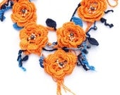 Women crochet flower fiber art jewelry - Bright orange blue ultra fashion crochet necklace - Spring summer fashion