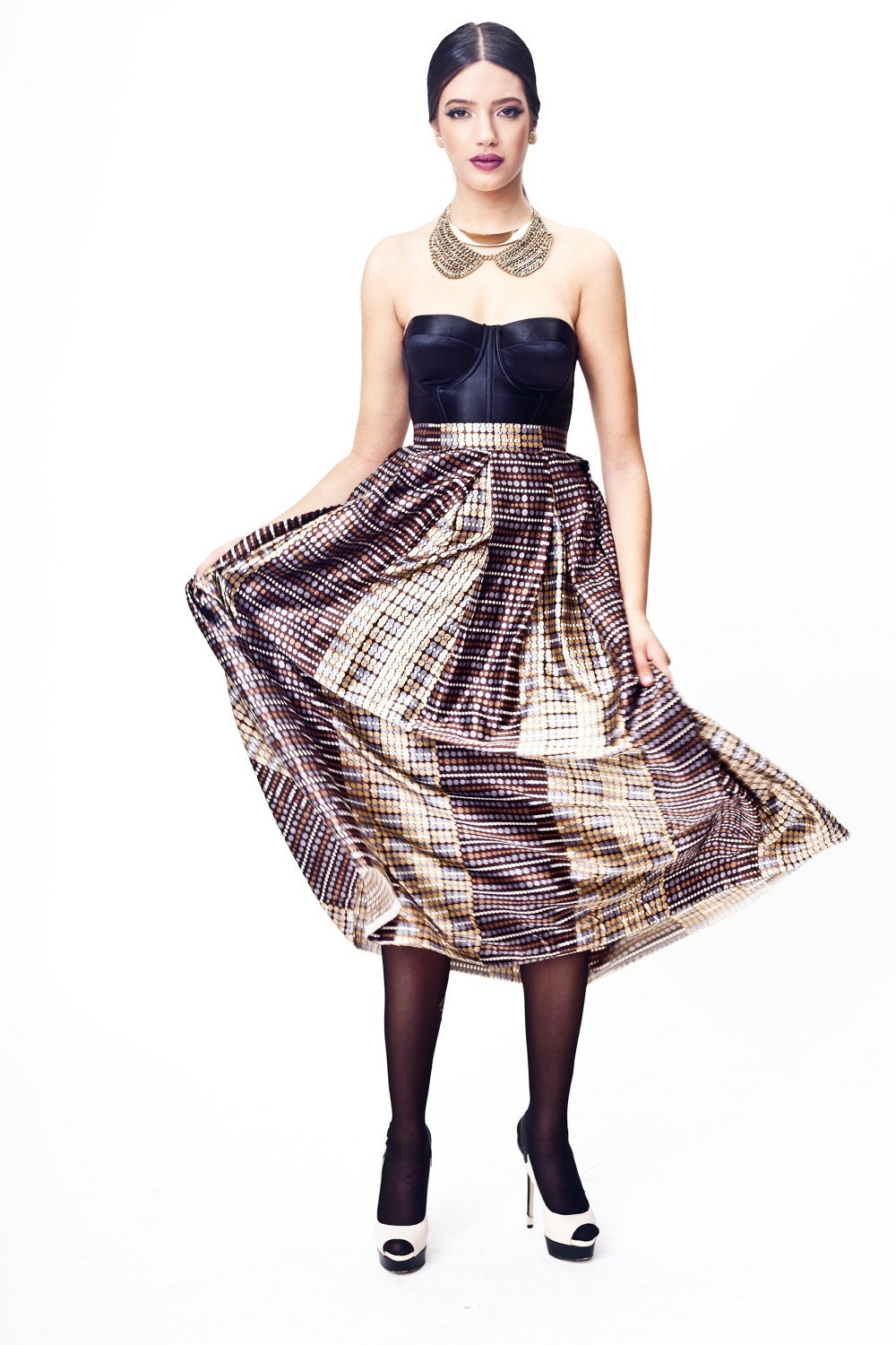 Dotted Satin Maxi Skirt, Women maxi Skirt, Mad Men style 60's mod