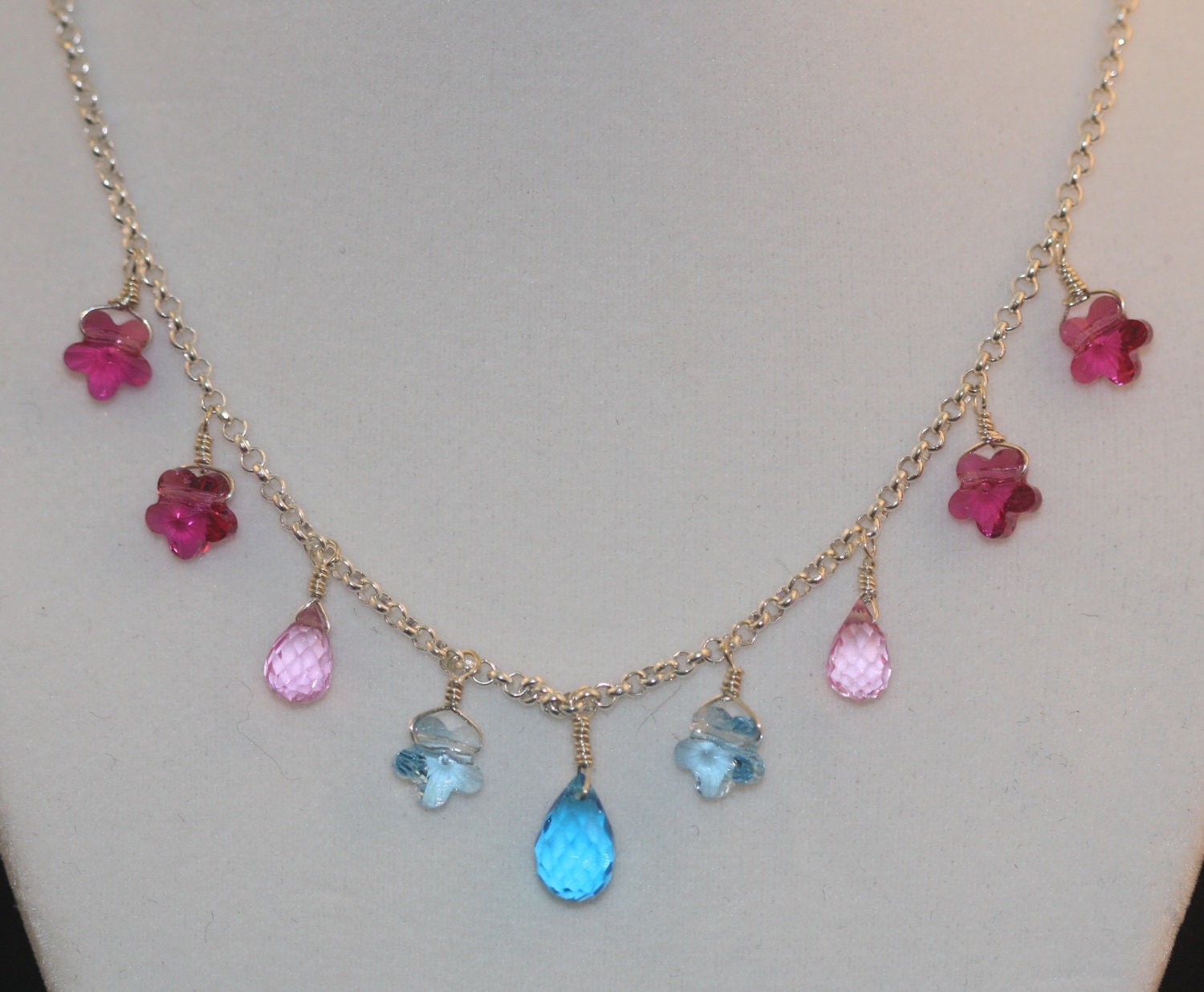 Pink Sapphire Blue Topaz Swarovki Crystal FLower Necklace in Italian Sterling Silver Briolette