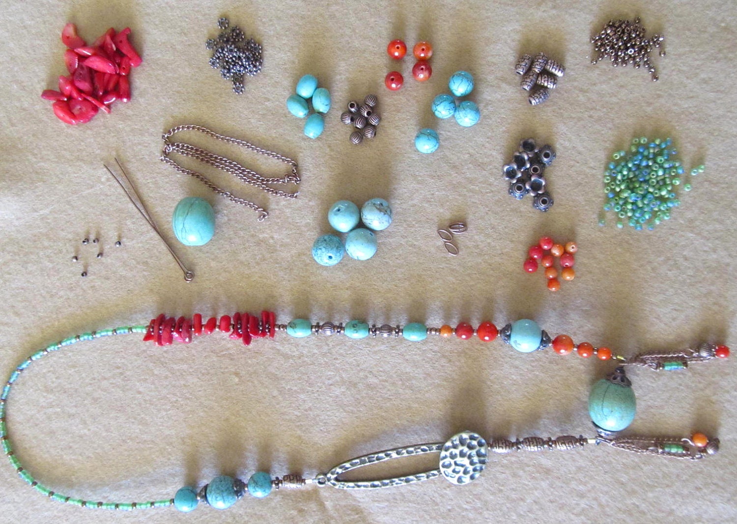 Turquoise and Coral Dangle Necklace Kit, Southwestern Jewelry, Bohemian Necklace kit, Gemstone Jewelry, Jewelry Supply - LenniesBeadDrawer