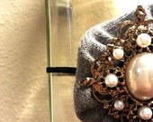 Baby Teen Adult Headband- Grey Cotton Fabric Handmade Flower Embellished with Antique Gold and Pearl Brooch