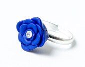 Dimond Rose Flower Ring / Polymer Clay  / Crystal / Handmade Jewelry