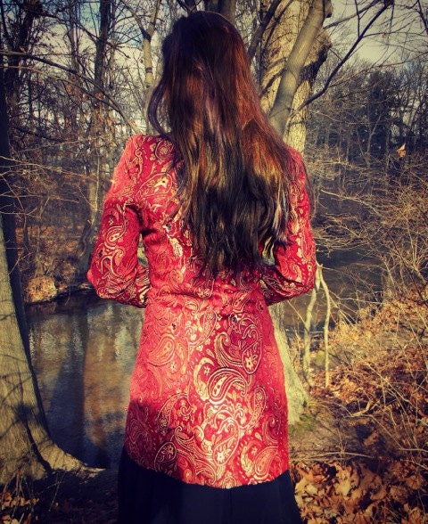 Red, gold, and black paisley collared long jacket size extra small