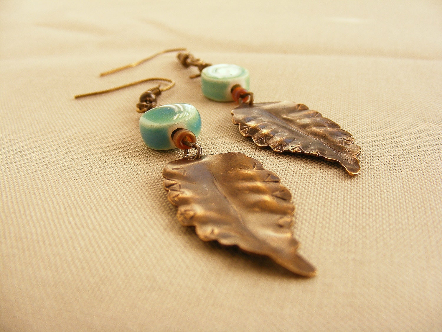 Rustic Distressed Casual Leaf Dangle Earrings, Antiqued Brass and Aqua Ceramic Bead Jewelry