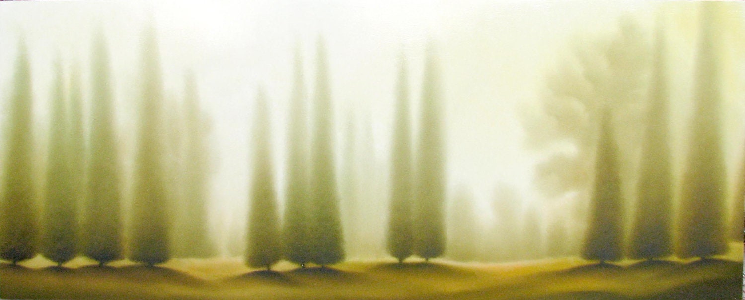 Cedars and Mist is an original oil on board, with dimensions of 24 x 60 inches, and a depth of 1.75 inches.