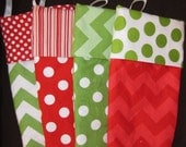 Personalized Christmas Stockings - Fun, Colorful, Modern - Red green dot stripe chevron - Rhinestone or fabric personalization - Set of 4