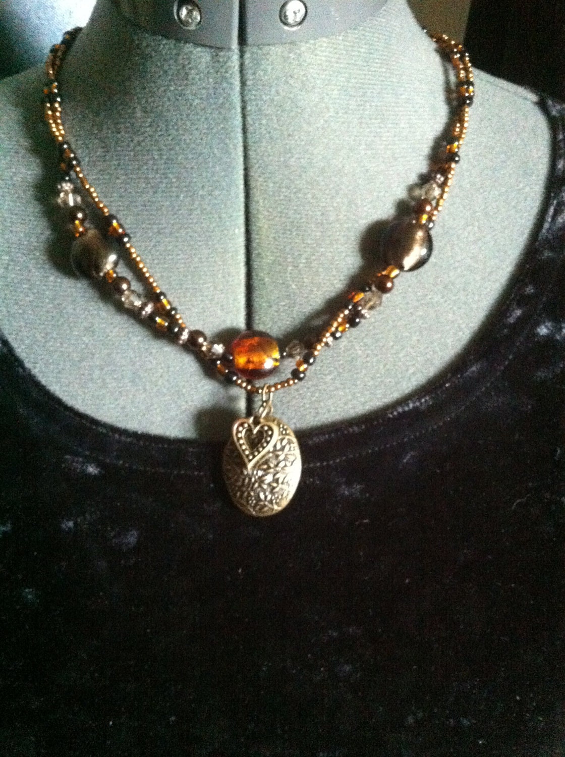 Womens Bead & Metal Necklace with Metal Heart and Locket