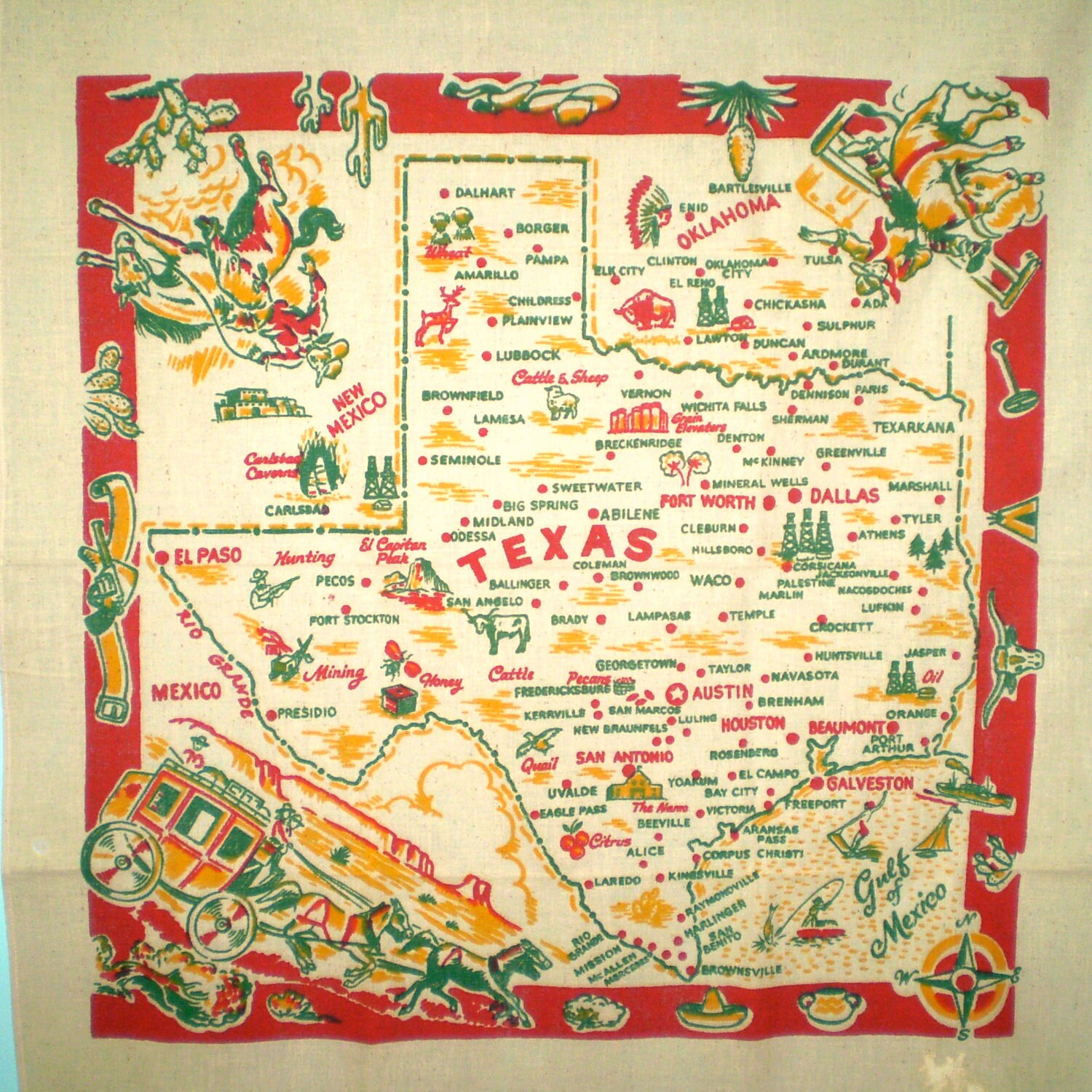 Vintage Souvenir Tablecloth State Of Texas Map Square Cactus Etsy Vintage Tablecloths Vintage Souvenir Texas State Map