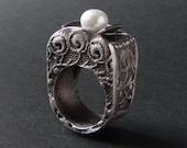 Silver Pearl Ring with Lace texture - KeshiJewelry