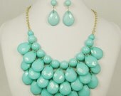NEW Droplet Cluster Wedding Necklace Set, 3 Layers Statement Necklace, Bubble Bib Necklace, Turquoise Drop Necklace Earring set-116690132