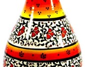 Hand Made 12" Art Vase Home Decor Piece Ceramic Warm Red Orange with Floral Accents