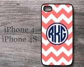 Personalized iPhone 4 coral chevron and navy blue monogram cell phone cover  plastic phone case