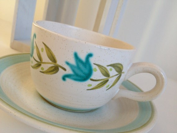 Franciscan TULIP TIME earthenware tea cup & saucer set, 1964 teacup coffee ceramic pottery turquoise aqua blue floral - 6 available