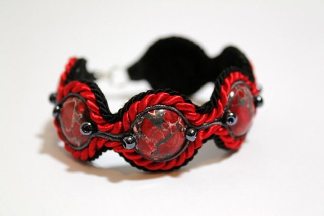 Hand Embroidered Soutache Bracelet with Mosaic Reconstituted Stone in Red and Black - Best Valentine's Gift - Herinia