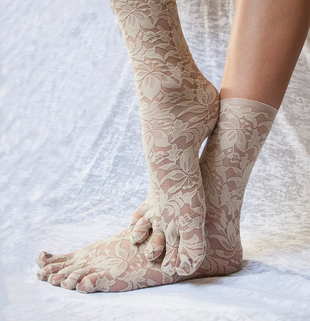 Lace Toe Socks. Women's Toesocks. Beige Floral Sheer Lace.