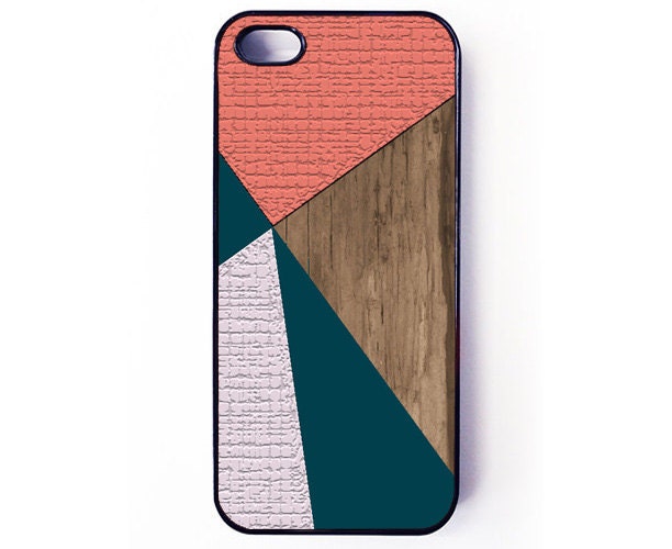 Iphone 5 Case - Green Coral Pink Color Block with Wood Print iPhone case for iPhone 5 - plastic or rubber - Basement22