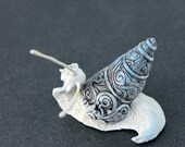 Snail silver totem, clay figurine, ornamental miniature, gray, stylized metal, original gift handmade