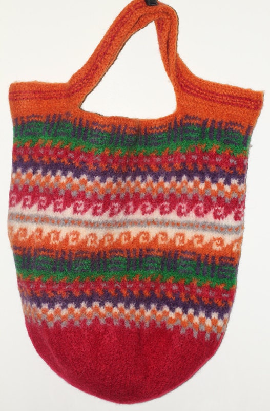 Felted Knit Tote Bag Purse Multi-Colored Red,Orange,Green Purple,White and Grey