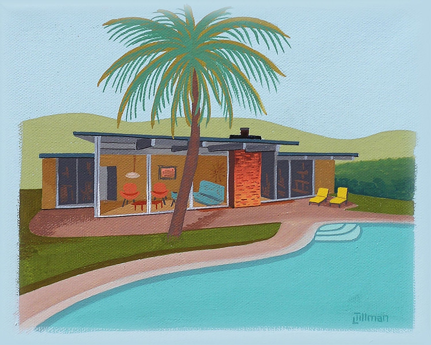 Mid Century Modern Eames Retro Limited Edition Print from Original Painting Architecture Pool