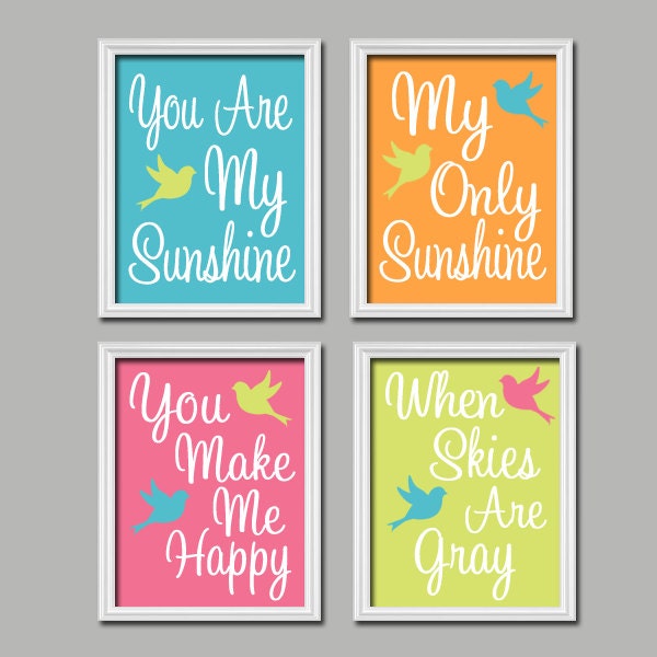 Teal Pink Orange Yellow Bird - You Are My Sunshine 8x10 Set of 4 Wall Art Decor Prints Poster Nursery Child Kid Room Typography